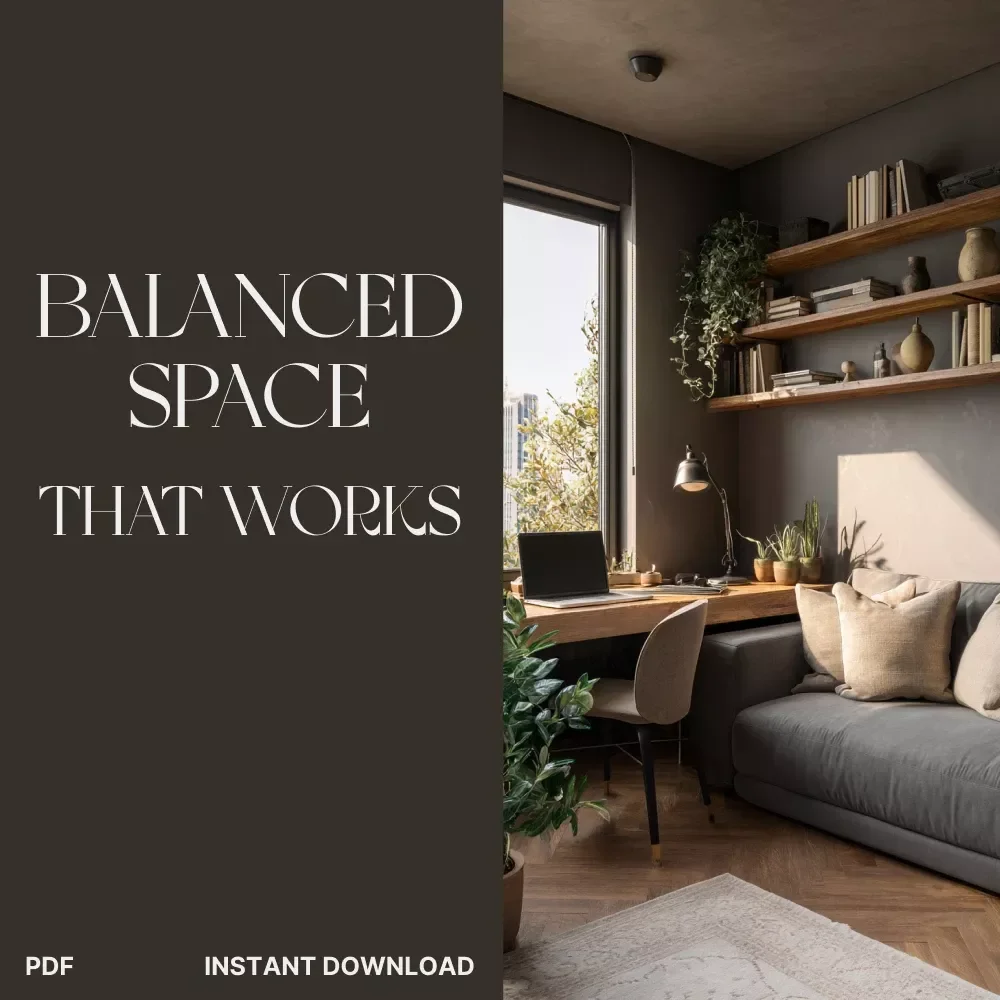 The Balanced Space That Works – eBook Guide for How to Make Living Room Double as Office | Home Office Design Tips & Hybrid Living Inspiration