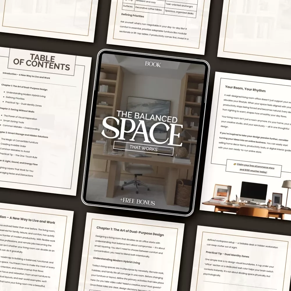 The Balanced Space That Works – eBook Guide for How to Make Living Room Double as Office | Home Office Design Tips & Hybrid Living Inspiration