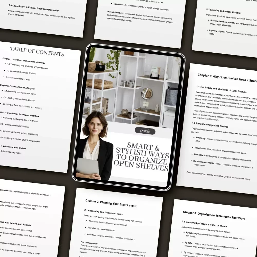 Smart & Stylish Ways to Organize Open Shelves | Minimalist Home Decor Guide | Digital Download for Modern Organization & Shelf Styling