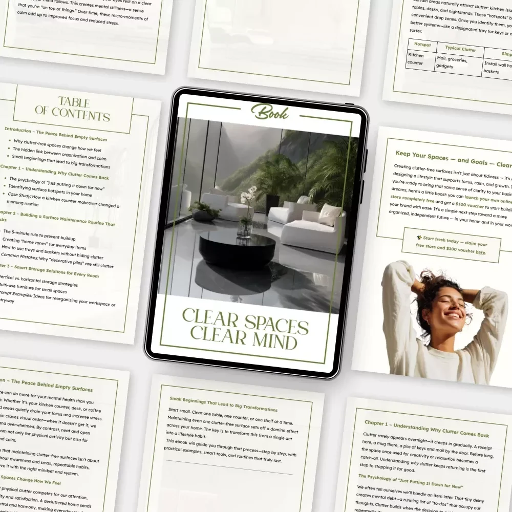 Clear Spaces Clear Mind – A Practical Guide on How to Maintain Clutter Free Surfaces | Minimalist Home Ebook | Decluttering Routine & Mindful Living Digital Download