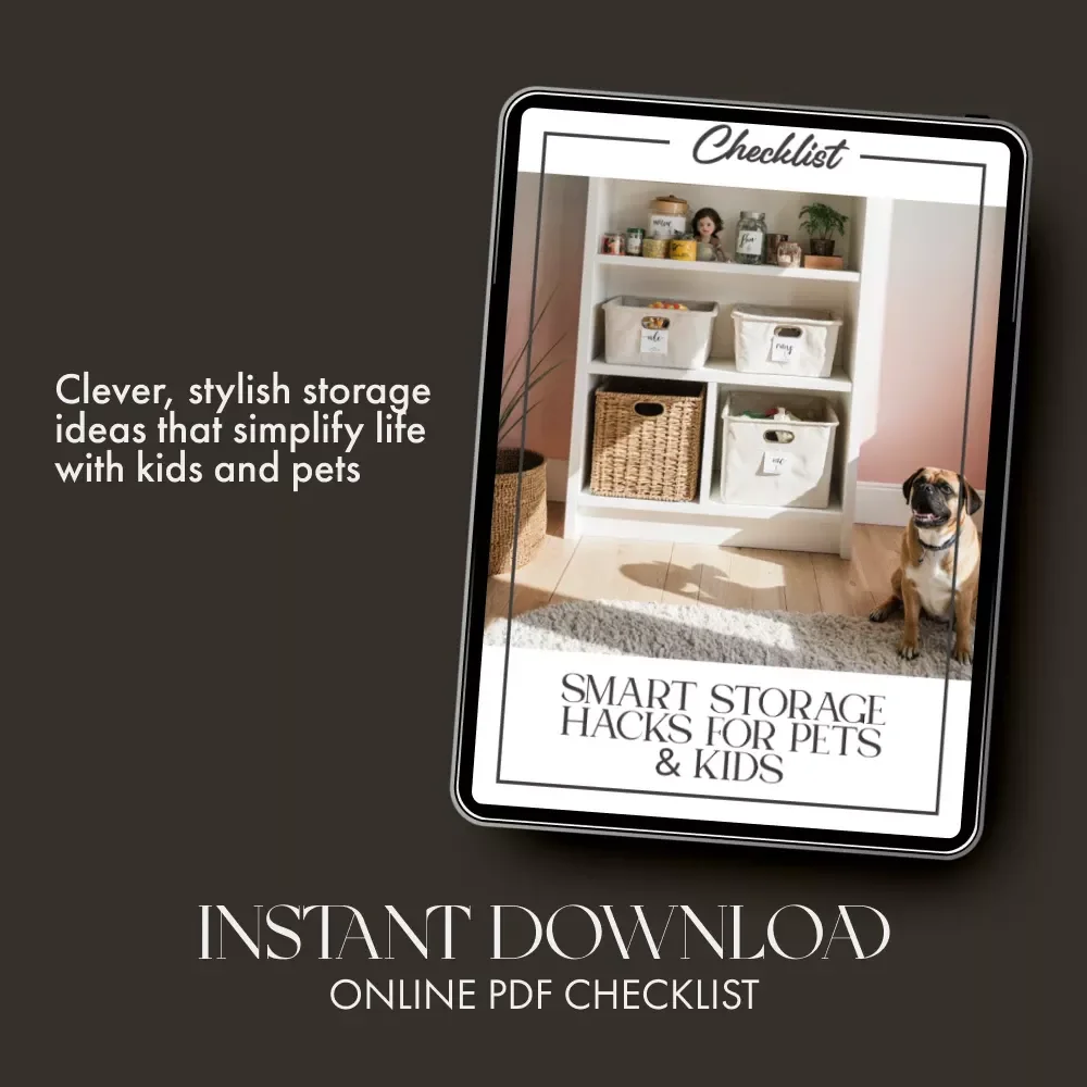 Smart Storage Hacks for Pets & Kids | Printable Checklist for Families | Home Organization Tips | Digital Download Guide with tips for smart storage for pets and kids
