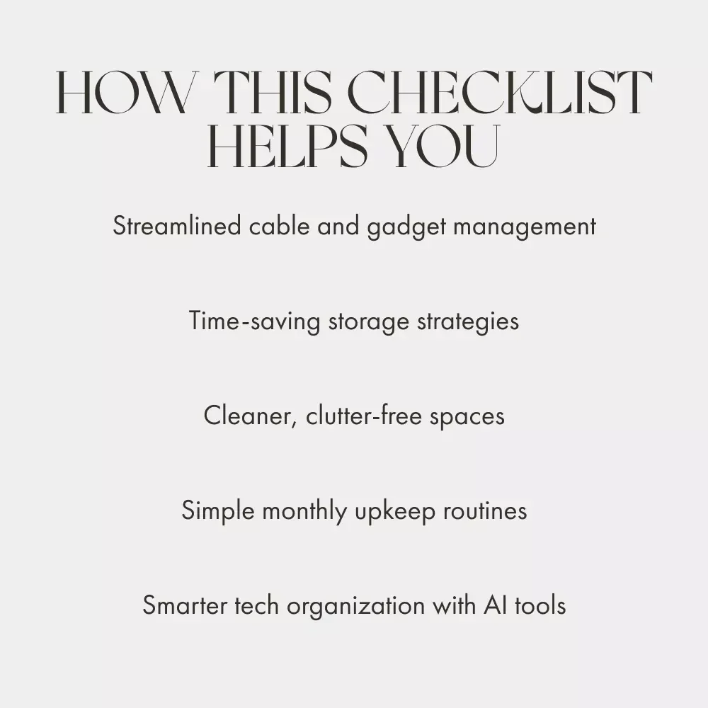 Tidy Tech Life Made Simple | Digital Checklist for How to Organize Cables and Electronics | Minimalist Tech Decluttering Guide for Home Office Setup