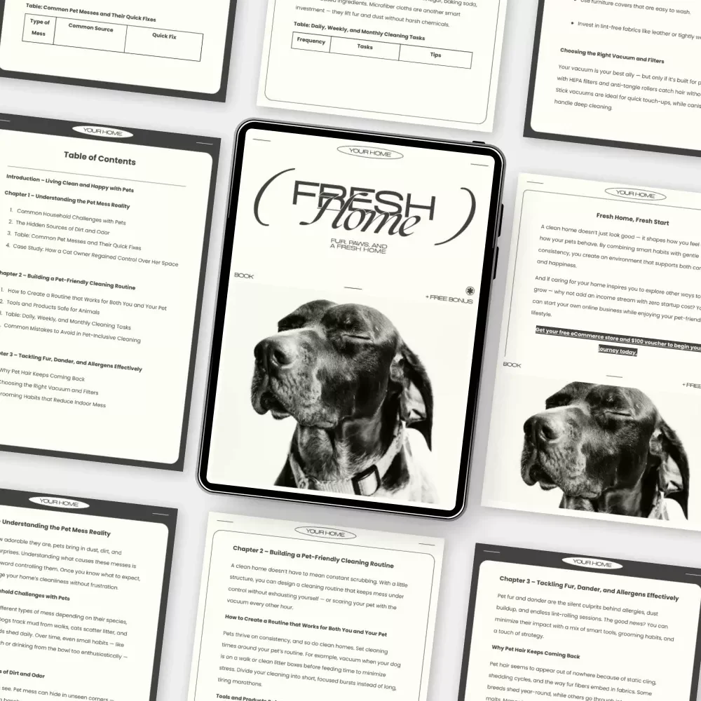 Fur, Paws, and a Fresh Home – How to Clean with Pets in the House | Digital Cleaning Guide for Pet Owners, eBook for Pet-Friendly Homes, Step-by-Step Pet Cleaning Routine
