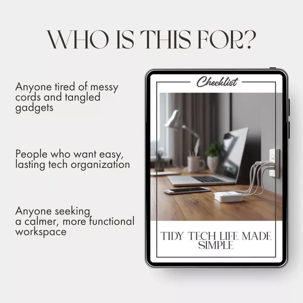 Tidy Tech Life Made Simple | Digital Checklist for How to Organize Cables and Electronics | Minimalist Tech Decluttering Guide for Home Office Setup