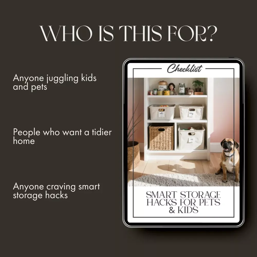 Smart Storage Hacks for Pets & Kids | Printable Checklist for Families | Home Organization Tips | Digital Download Guide with tips for smart storage for pets and kids