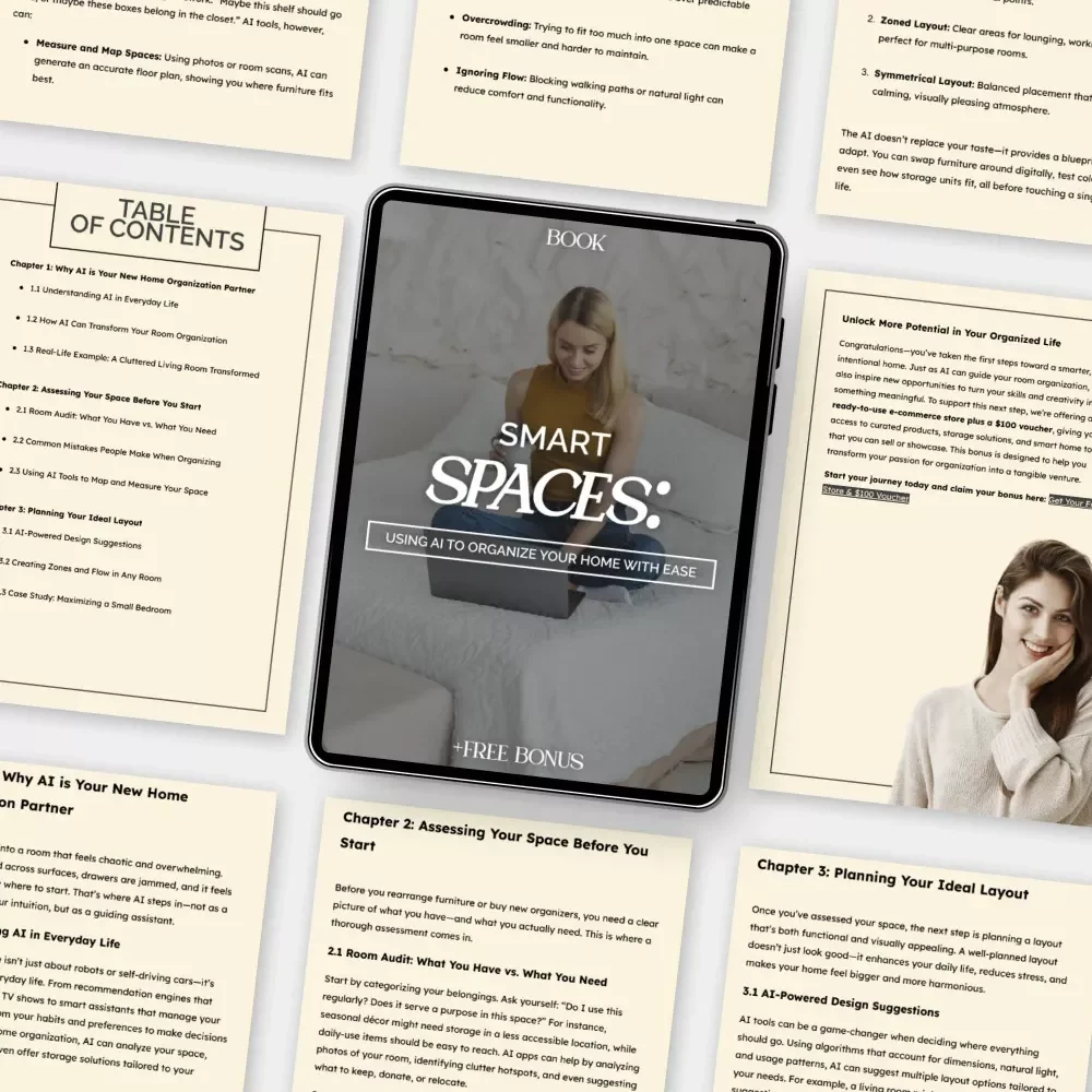 Smart Spaces: Using AI to Organize Your Home with Ease | Digital eBook | How to Organize Rooms Using AI Suggestions | Home Organization Guide
