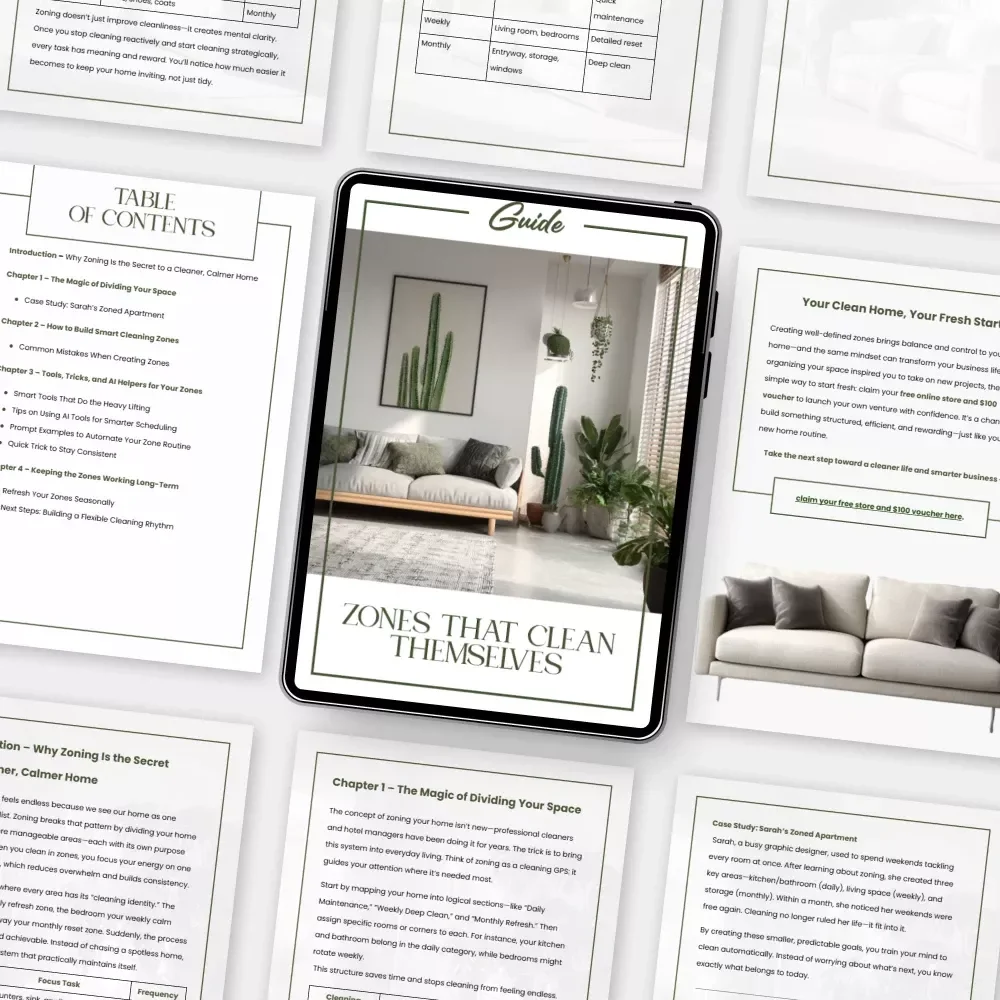 Zones That Clean Themselves | How to Create Zones for Easier Cleaning | Digital Home Organization Guide, Smart Cleaning System eBook, AI Cleaning Checklist
