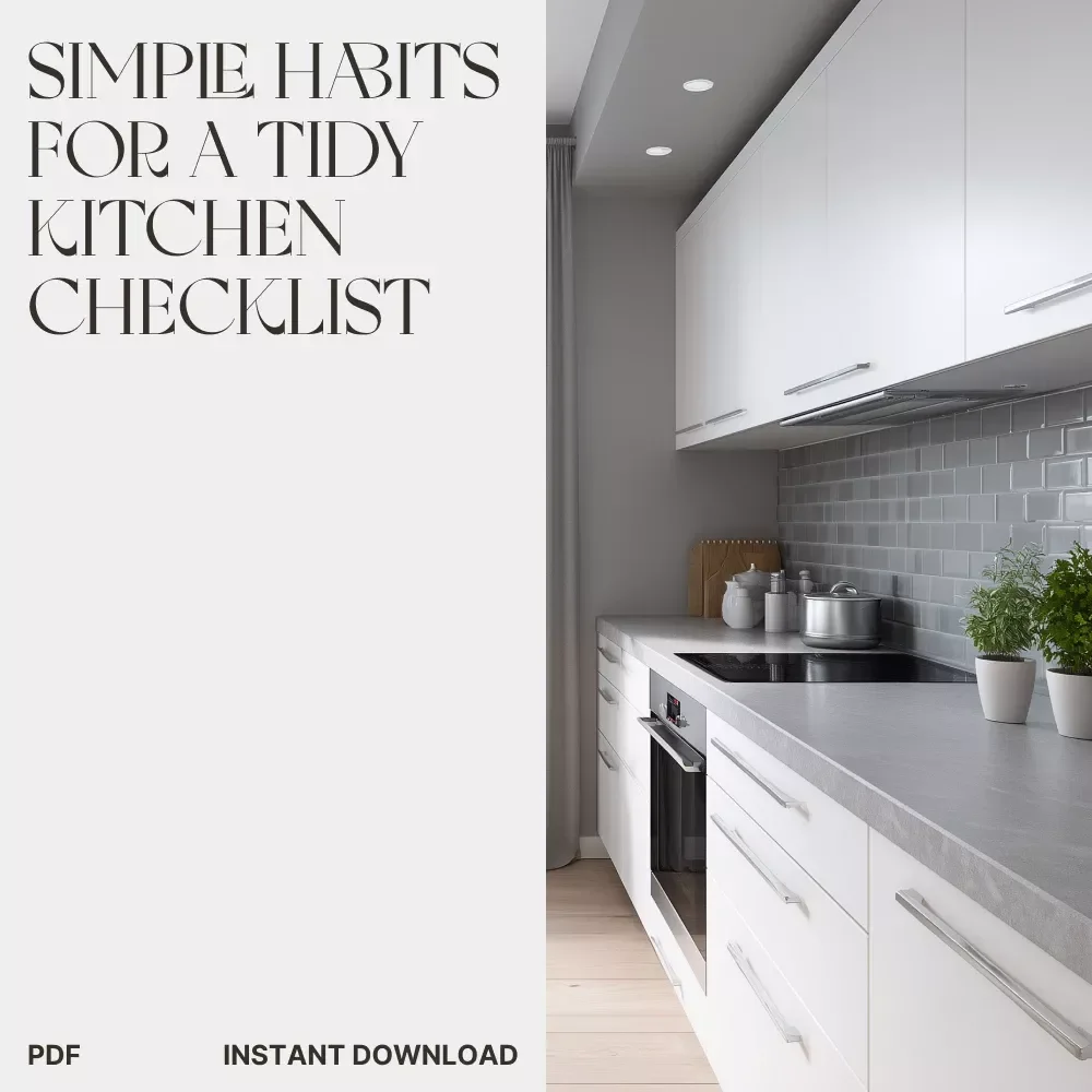 Simple Habits for a Tidy Kitchen Checklist | Digital Download for Busy Homeowners | Kitchen Organization Guide with what simple hacks keep counters clear