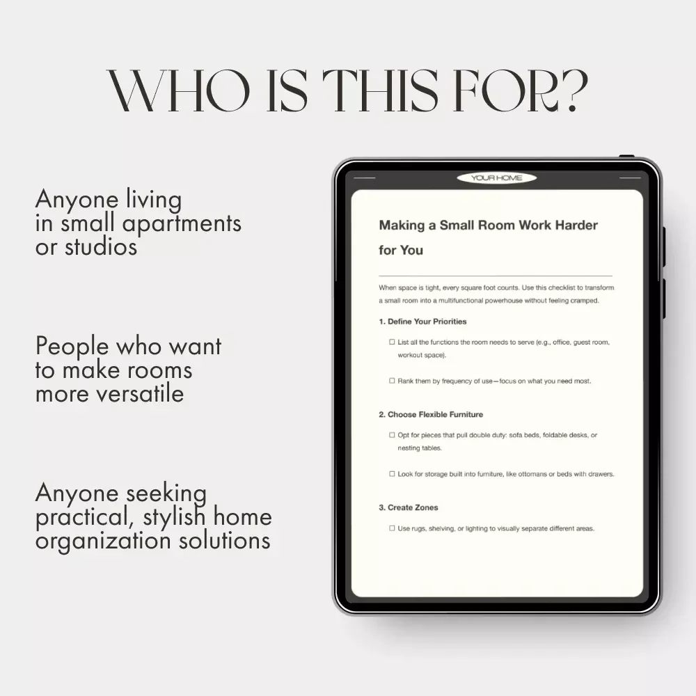 Making a Small Room Work Harder for You | Printable Home Organization Checklist | what to do when a small room needs multiple functions | Small Space Living Guide for Multifunctional Rooms