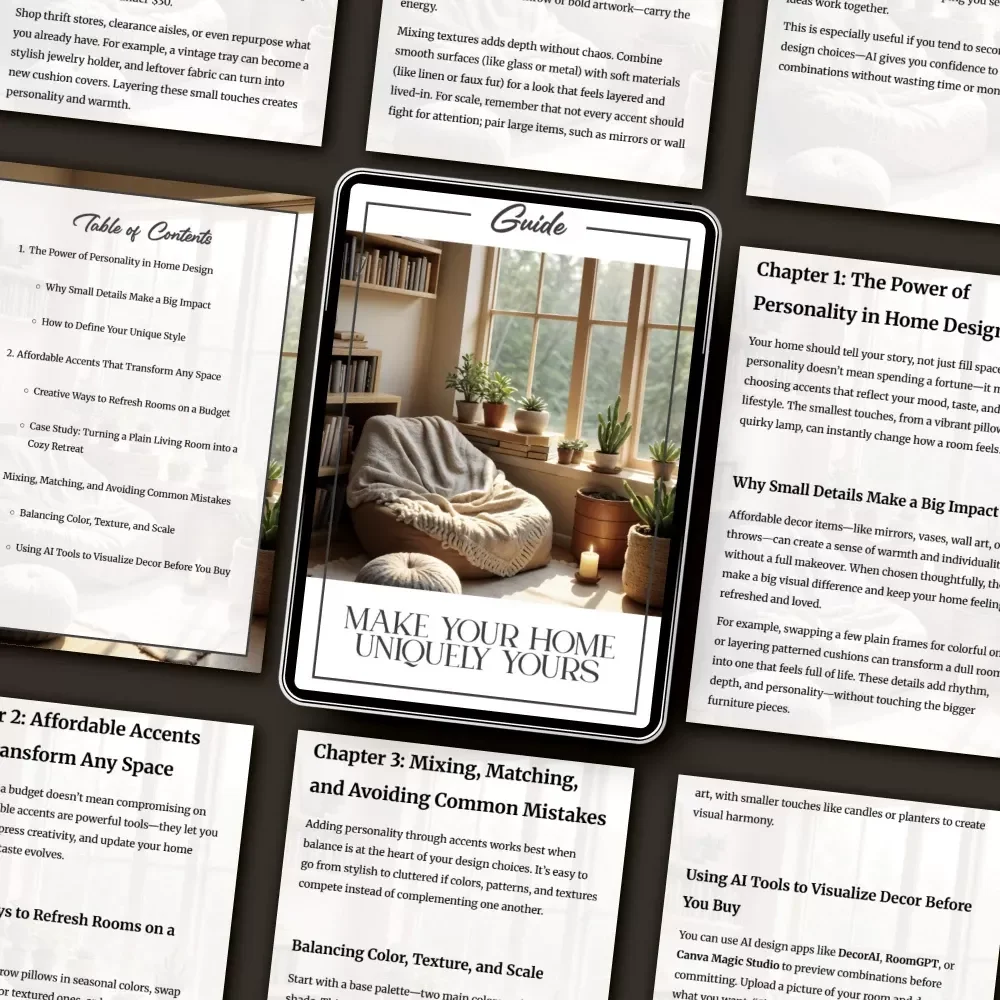 Make Your Home Uniquely Yours | Digital Home Design Guide | How to Add Personality with Affordable Accents | Printable eBook for Interior Inspiration, DIY Decor & Budget-Friendly Style