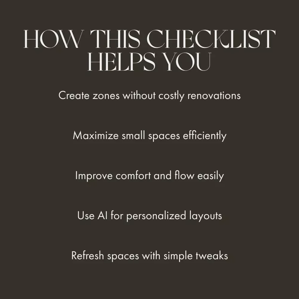 Creating Zones with Minimal Tools | Printable Home Design Checklist | Simple Room Zoning Tips for Small Spaces | Digital Download for Functional Living | tips for creating zones with minimal tools