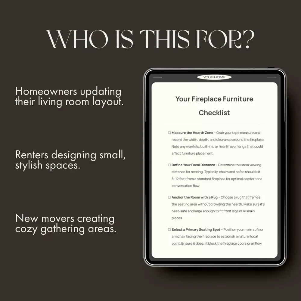 Your Fireplace Furniture Checklist | Printable Home Styling Guide for Living Room Layouts | How to Arrange Furniture Around a Fireplace | Cozy Interior Design Digital Download