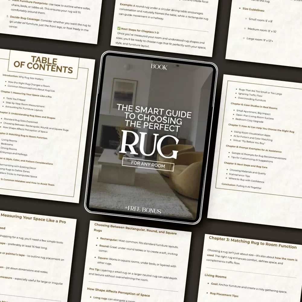 The Smart Guide to Choosing the Perfect Rug for Any Room | eBook on How to Choose the Right Size Rug for Your Room, Shapes, Styles & AI Design Tips