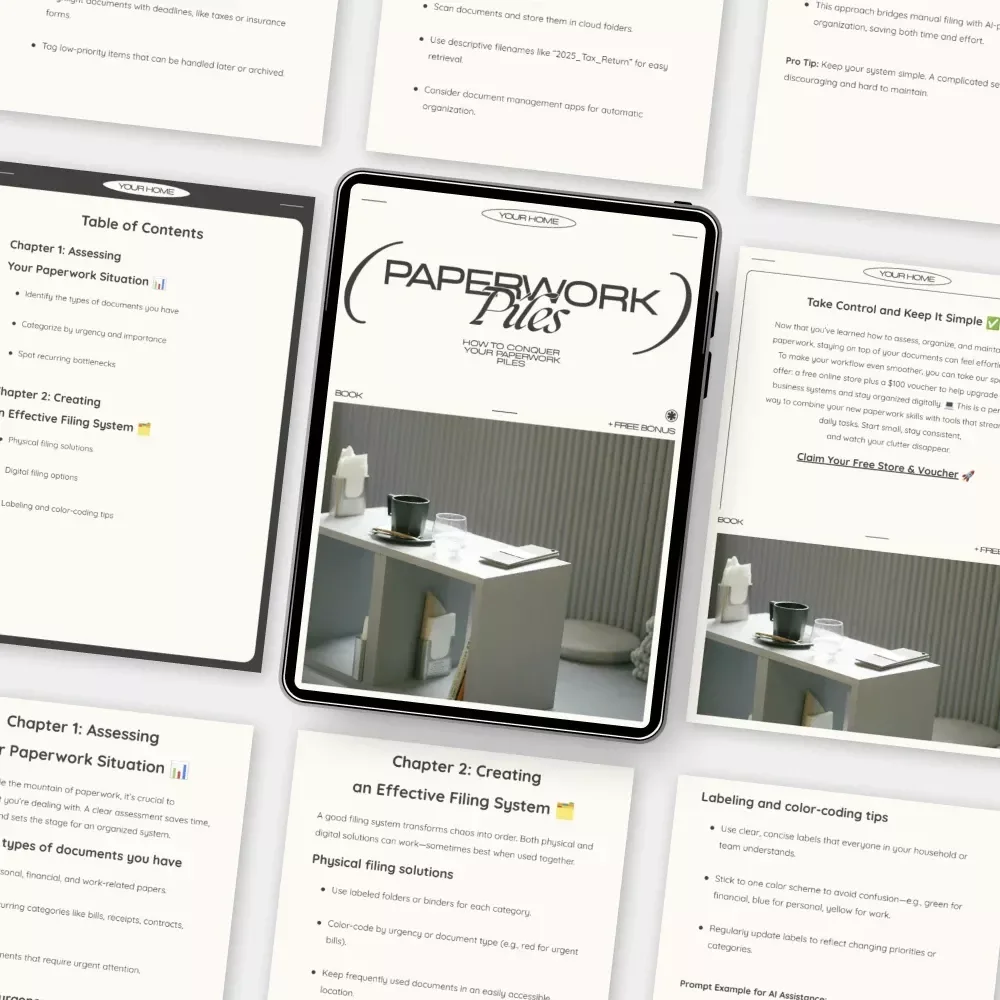 How to Conquer Your Paperwork Piles | Declutter & Organize Your Desk | Digital eBook Guide on what to do when paperwork piles up | Printable Productivity Resource