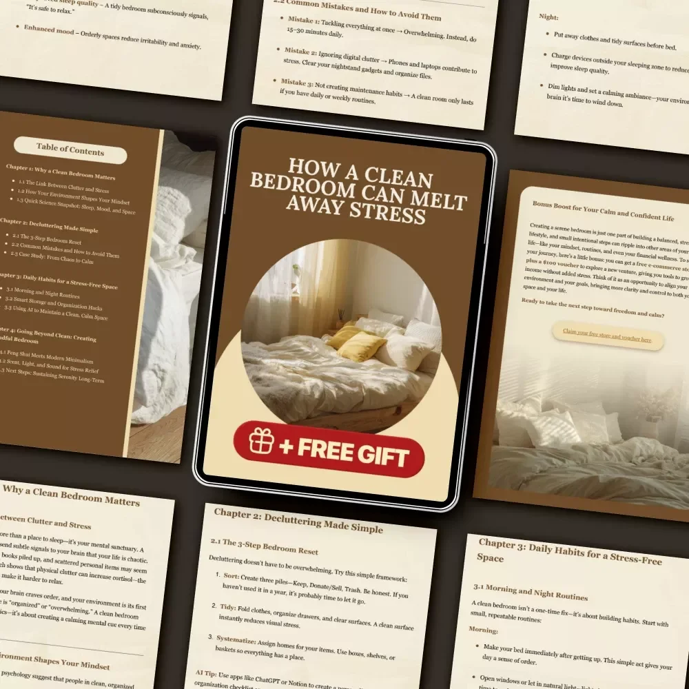 How a Clean Bedroom Can Melt Away Stress | Digital Guide on How to Reduce Stress with Clean Bedroom | Decluttering, Mindfulness & Better Sleep eBook