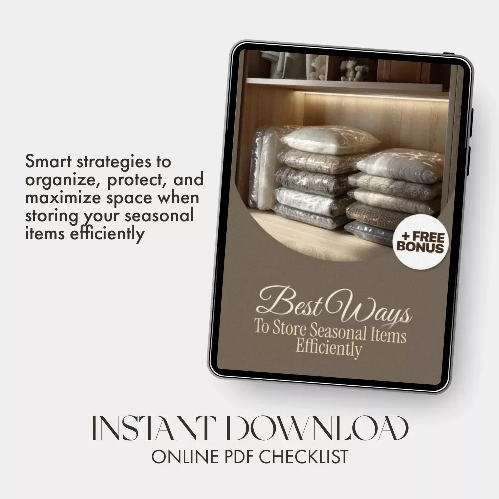 Best Ways to Store Seasonal Items Efficiently Checklist | Digital Download Home Organization Guide | Decluttering, Storage, and Space-Saving Tips