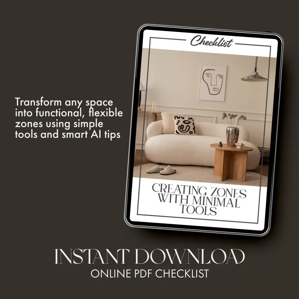 Creating Zones with Minimal Tools | Printable Home Design Checklist | Simple Room Zoning Tips for Small Spaces | Digital Download for Functional Living | tips for creating zones with minimal tools