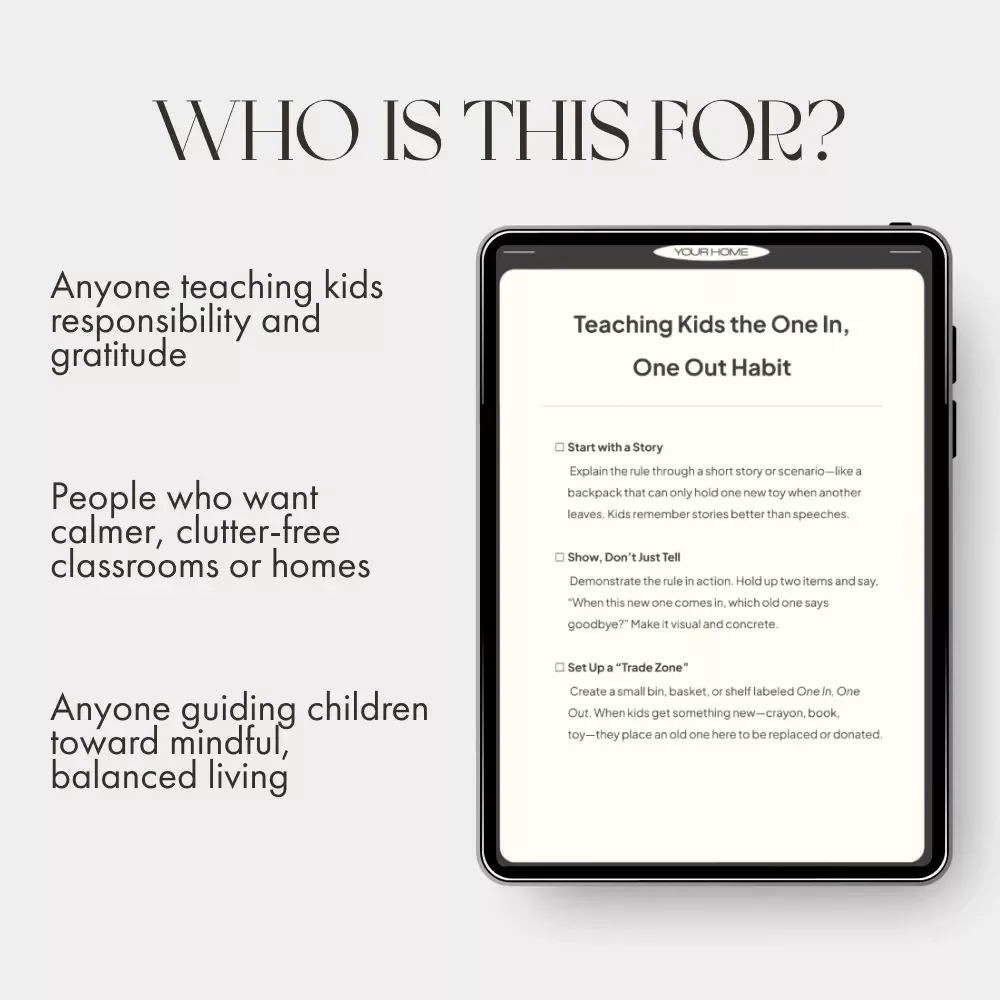 Teaching Kids the One In, One Out Habit | Printable Digital Guide for Parents, Teachers & Homeschool | Minimalist Habits for Children | Classroom Organization eBook