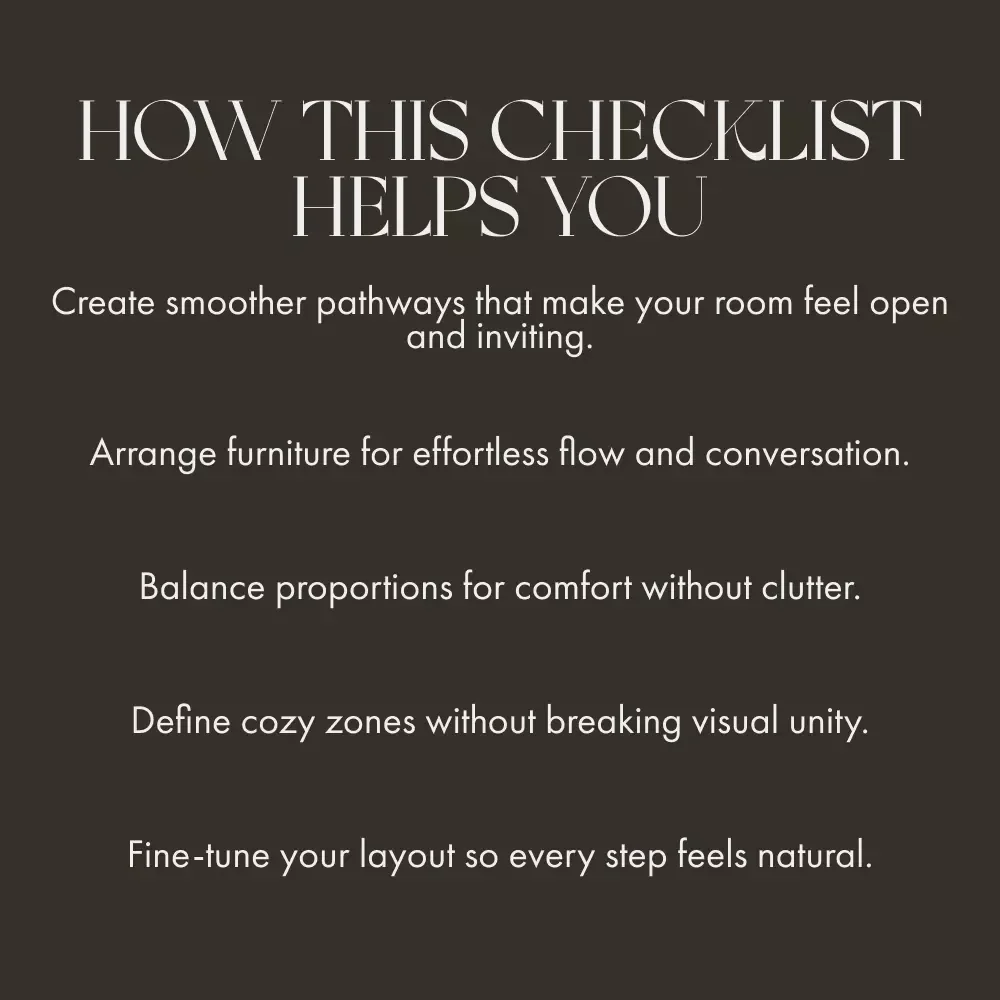 Living Room Flow Checklist | Digital Home Styling Guide | How to Arrange a Living Room for Flow | Interior Design Layout Tips Printable Download