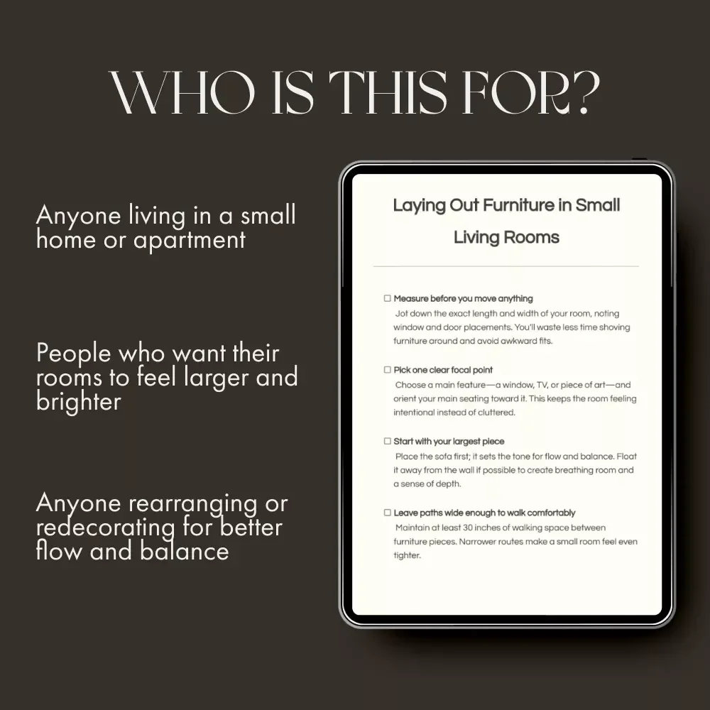 Laying Out Furniture in Small Living Rooms | Space-Saving Layout Guide, Small Apartment Furniture Arrangement eBook, Digital Download for Cozy Homes