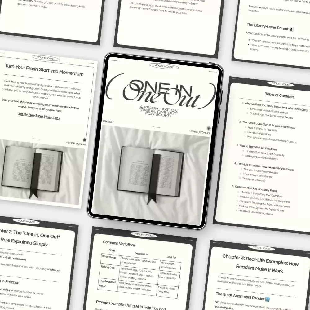 A Fresh Take on “One In, One Out” for Books | Minimalist eBook for Book Lovers, Decluttering Guide, AI-Powered Book Organization, Reading Life Reset
