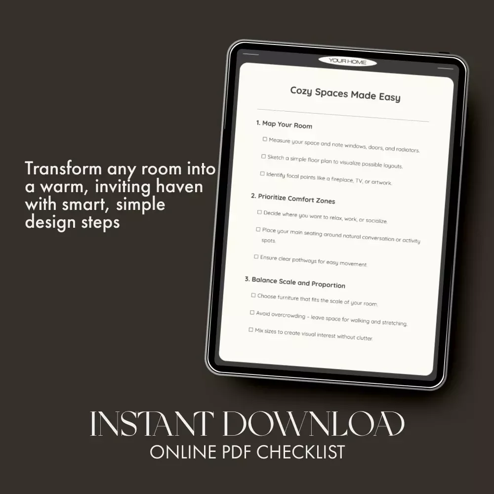 Cozy Spaces Made Easy | Printable Home Design Checklist | Digital Download Guide for How to Arrange Furniture for Comfort, Warmth & Flow