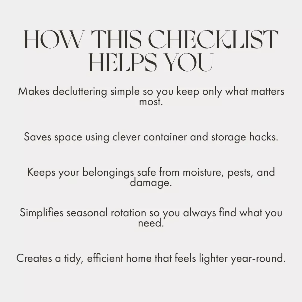 Best Ways to Store Seasonal Items Efficiently Checklist | Digital Download Home Organization Guide | Decluttering, Storage, and Space-Saving Tips