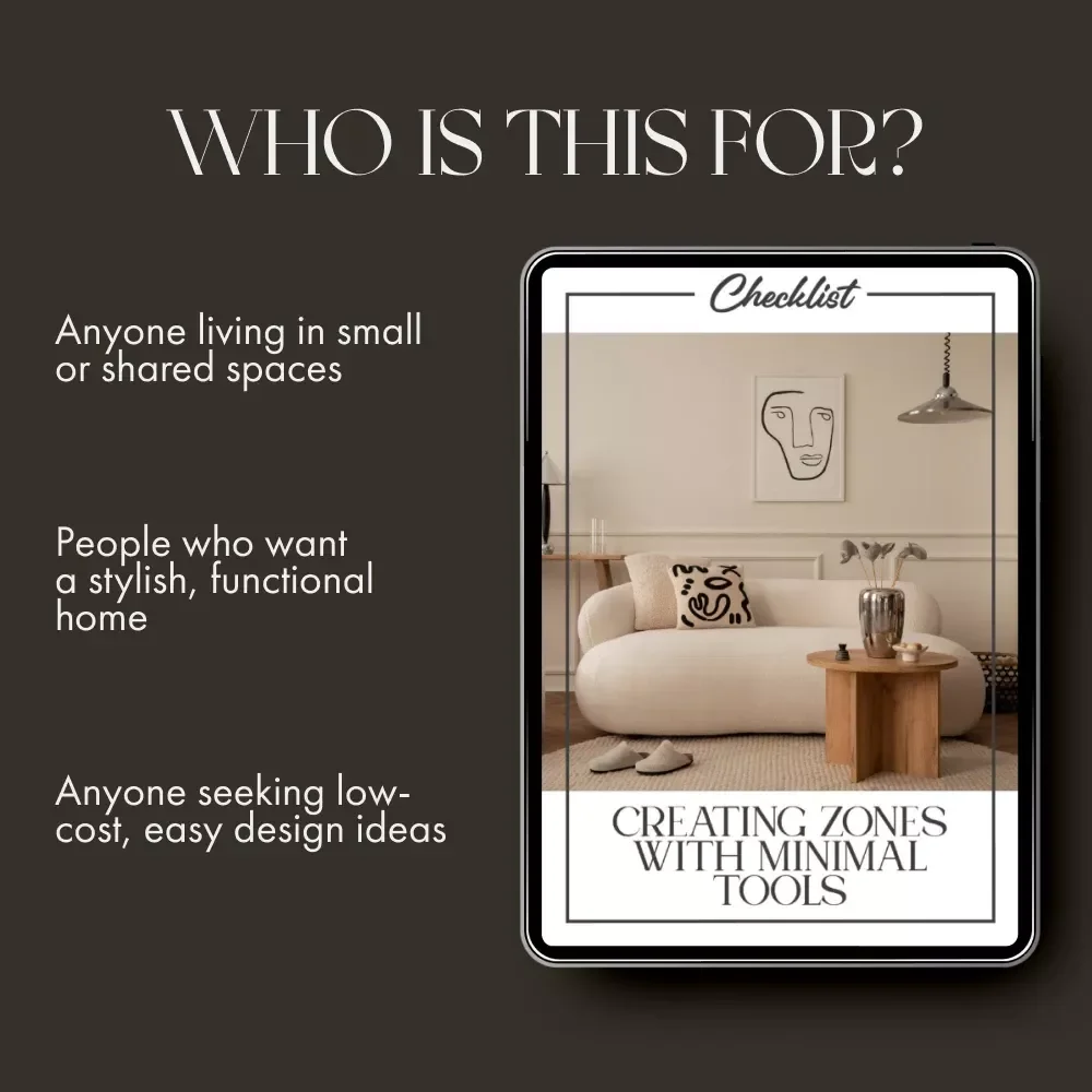 Creating Zones with Minimal Tools | Printable Home Design Checklist | Simple Room Zoning Tips for Small Spaces | Digital Download for Functional Living | tips for creating zones with minimal tools