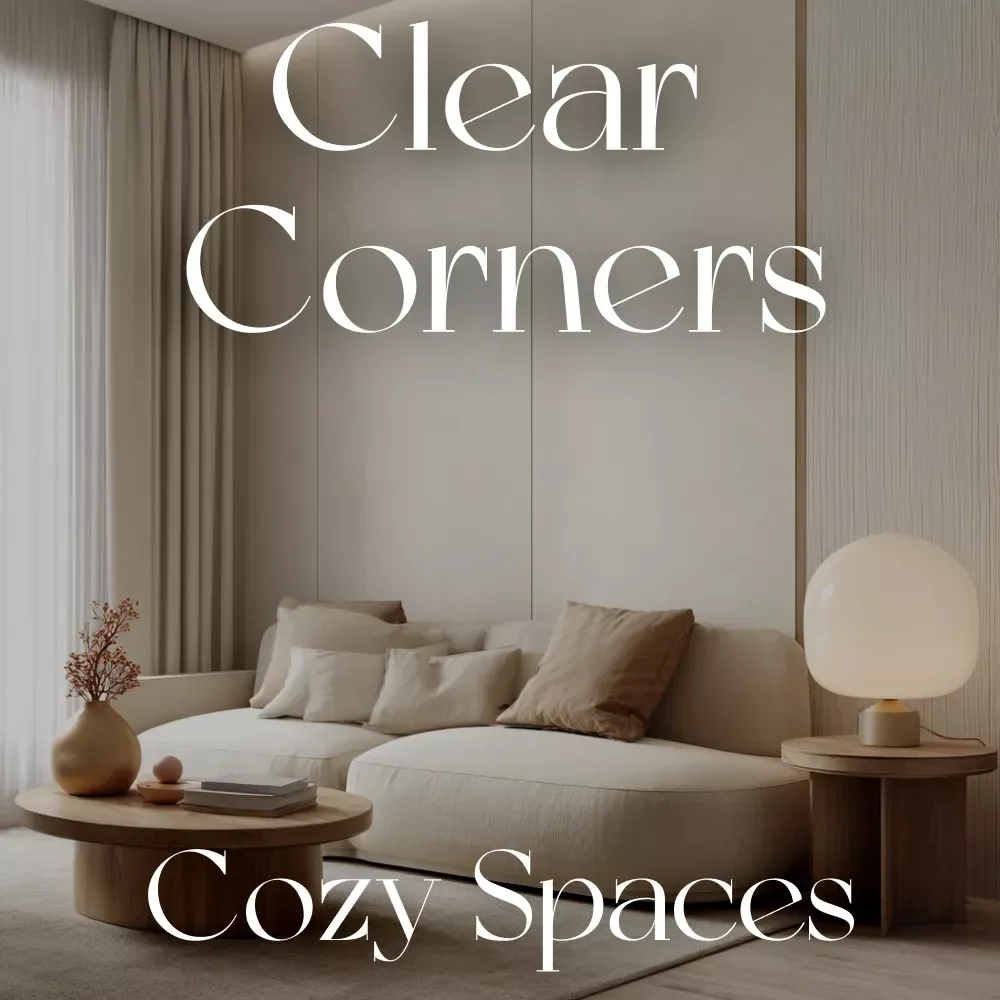 Clear Corners Cozy Spaces | Minimalist Home Design eBook | Small Space Decorating Guide | Decluttering and Organization Tips for Calm, Cozy Living