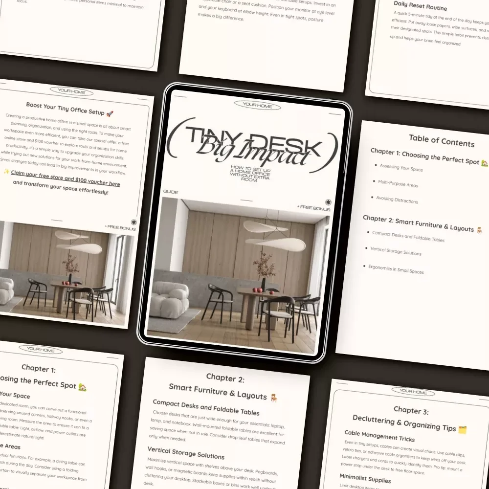 Tiny Desk, Big Impact | Small Space Home Office Guide | Minimalist Productivity eBook | AI Tools & Organization Tips for Remote Work