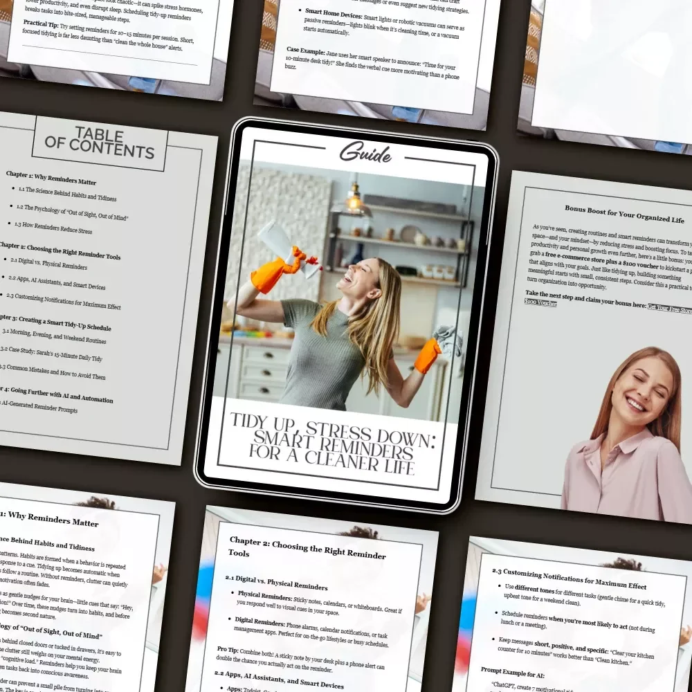 Tidy Up, Stress Down: Smart Reminders for a Cleaner Life | Digital Guide for Home Organization, How to Schedule Tidy Up Reminders, Declutter Checklist & Productivity eBook