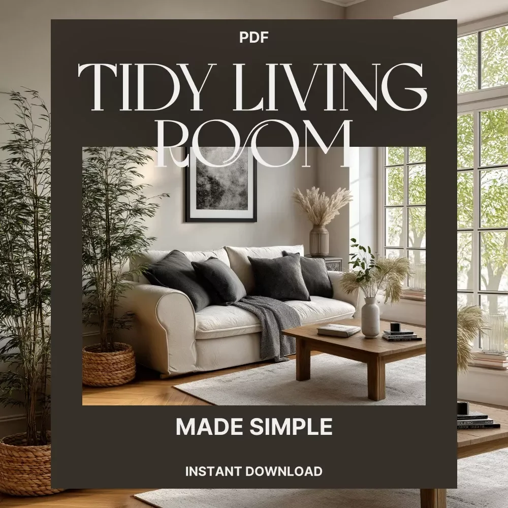 Tidy Living Room Made Simple | Minimalist Home Guide, Digital Decluttering eBook, Smart Storage & AI Organization Tips