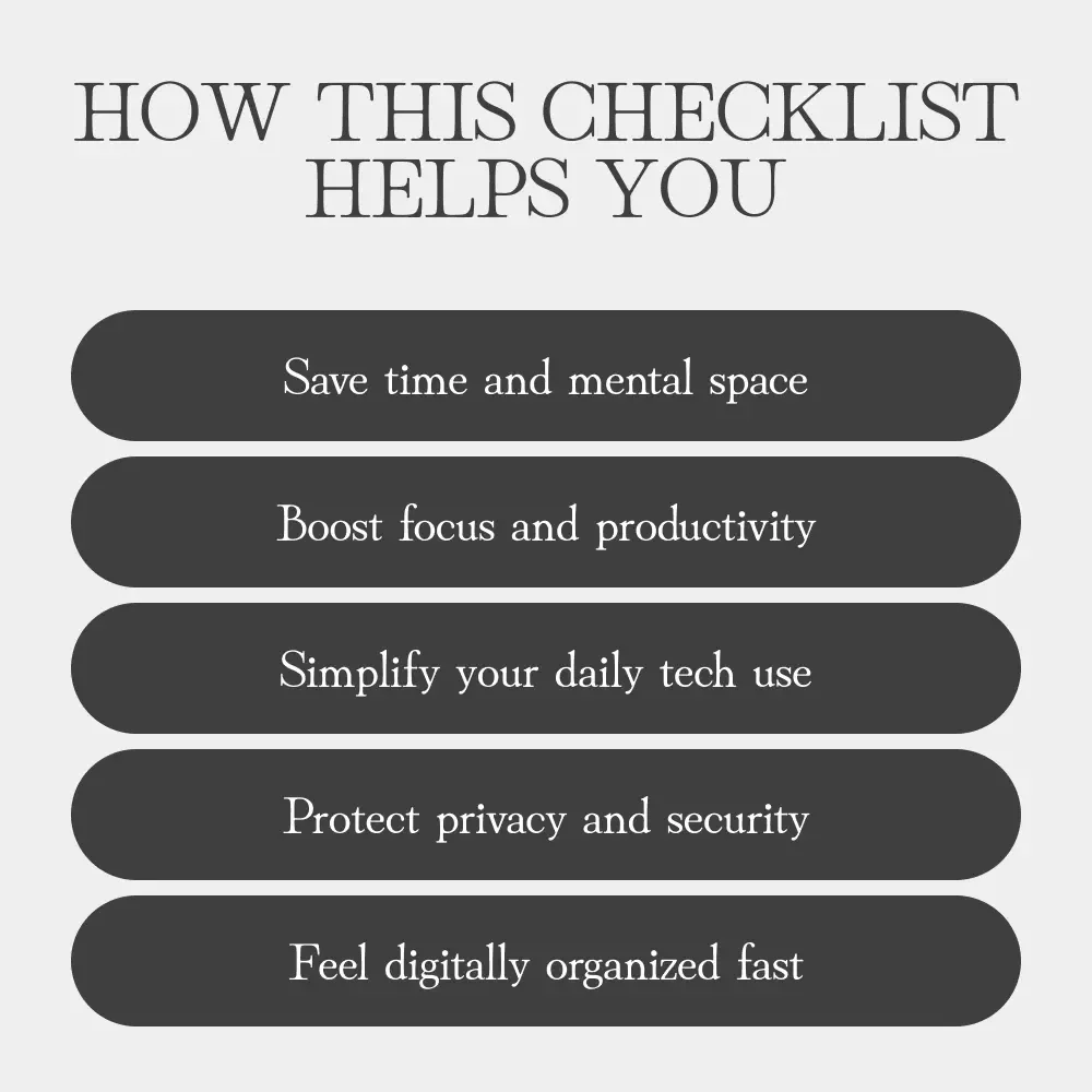 Your Step-by-Step Declutter Checklist | How to Declutter Your Digital Life | Printable Digital Download for Organizing Emails, Files & Apps