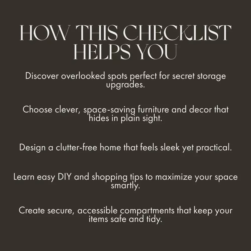 Secret Stash: Your Ultimate Hidden Storage Checklist | Printable Home Organization Guide | How to Create Hidden Storage Solutions for a Clutter-Free, Stylish Space