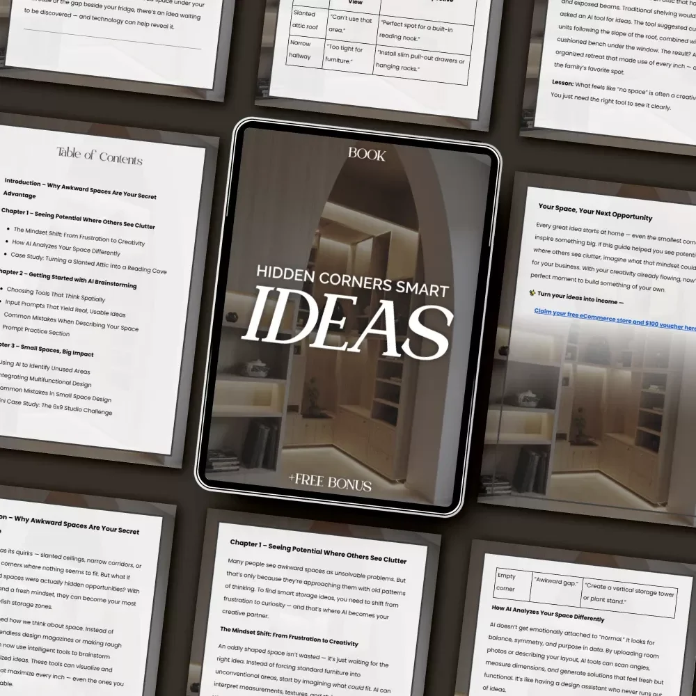 Hidden Corners Smart Ideas | How to Use AI to Brainstorm Storage Solutions for Awkward Spaces | Home Design eBook, AI Interior Guide, Digital Download for Clever Organization