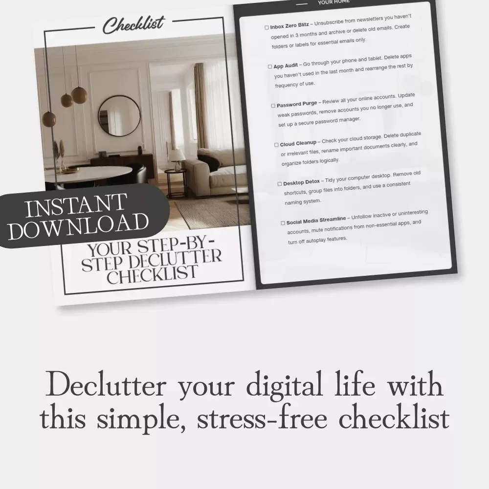 Your Step-by-Step Declutter Checklist | How to Declutter Your Digital Life | Printable Digital Download for Organizing Emails, Files & Apps