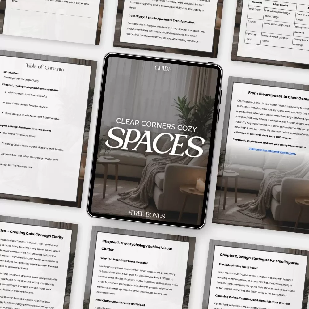 Clear Corners Cozy Spaces | Minimalist Home Design eBook | Small Space Decorating Guide | Decluttering and Organization Tips for Calm, Cozy Living