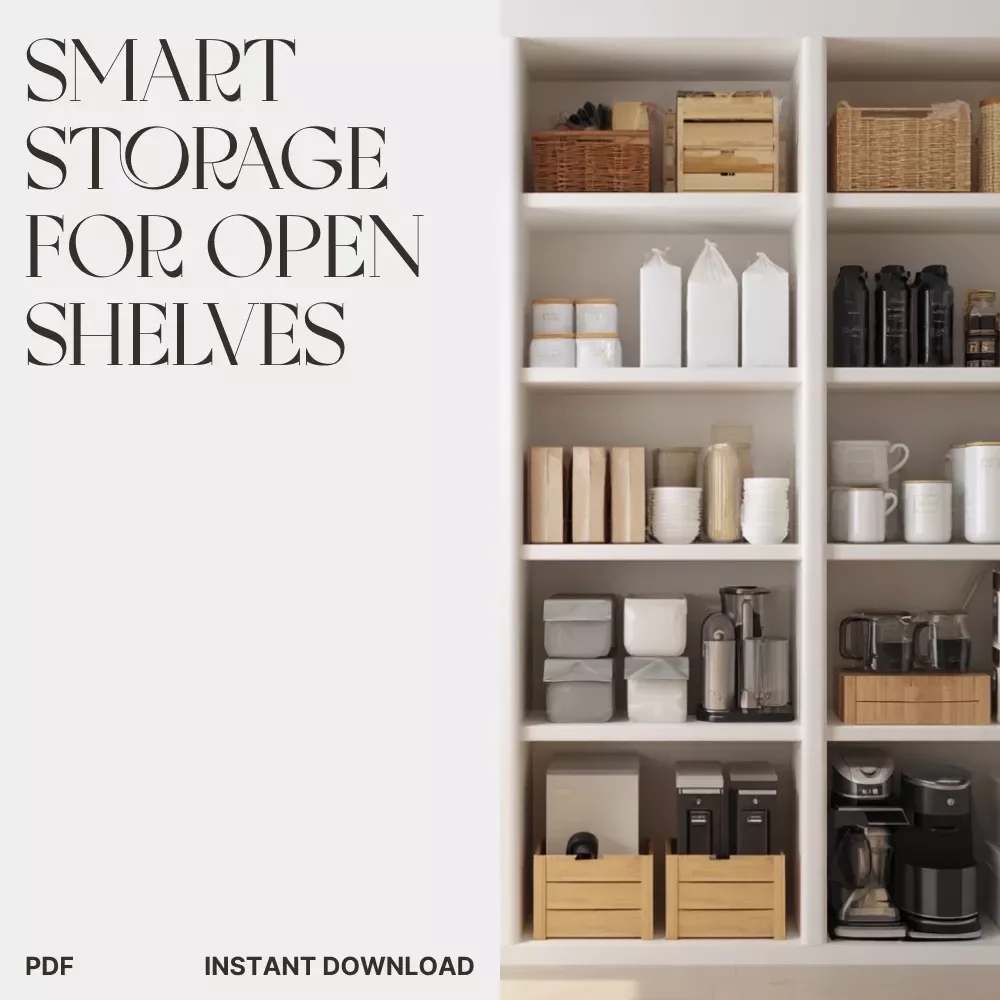 Shelf Savvy: Smart Storage for Open Shelves | Printable Home Organization Checklist | How to Use Storage to Declutter Open Shelves | Digital Download