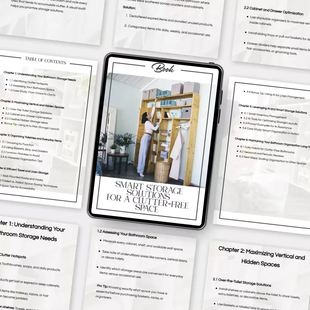 Smart Storage Solutions for a Clutter-Free Space | Bathroom Organization eBook | Organizing Bathroom Storage Tips & AI Smart Home Guide