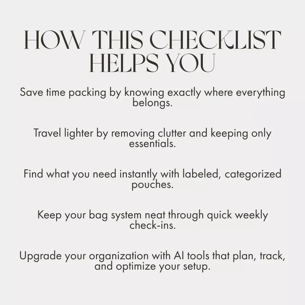 Bag Organization Mastery Checklist | Digital Download | Ultimate Guide to the Best Way to Organize Bags for Travel, Work, and Everyday Life