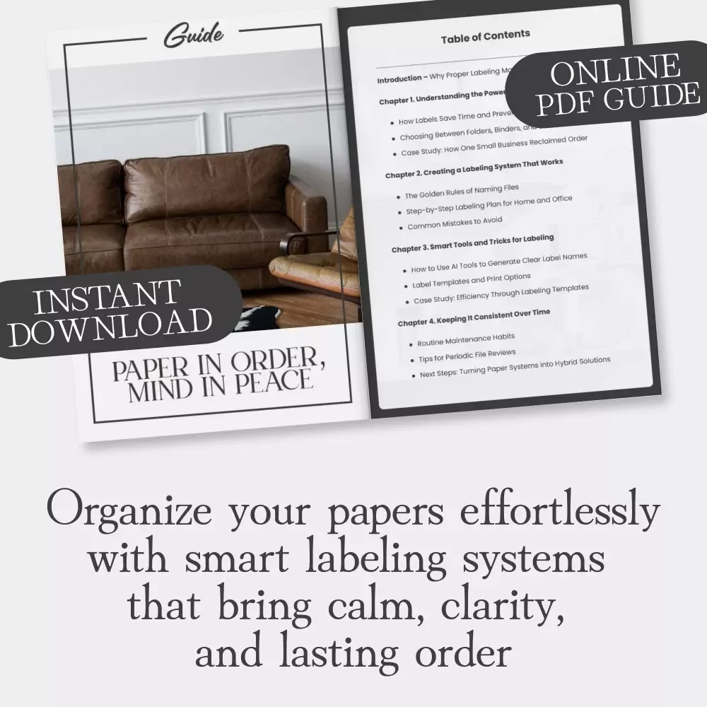 Paper in Order, Mind in Peace – Digital Guide on How to Label Files and Documents | Home Office Organization eBook, Printable Checklist for File Labeling