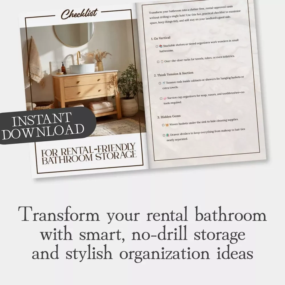 The Checklist for Rental-Friendly Bathroom Storage | Printable Guide & Tips for Rental Friendly Bathroom Storage | Small Bathroom Organization, No-Drill Storage Ideas