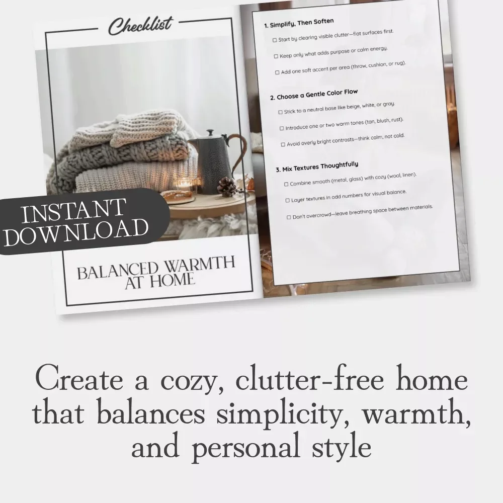 Balanced Warmth at Home – Printable Checklist for Tips for Balancing Minimal and Cozy Spaces | Digital Download Home Styling Guide