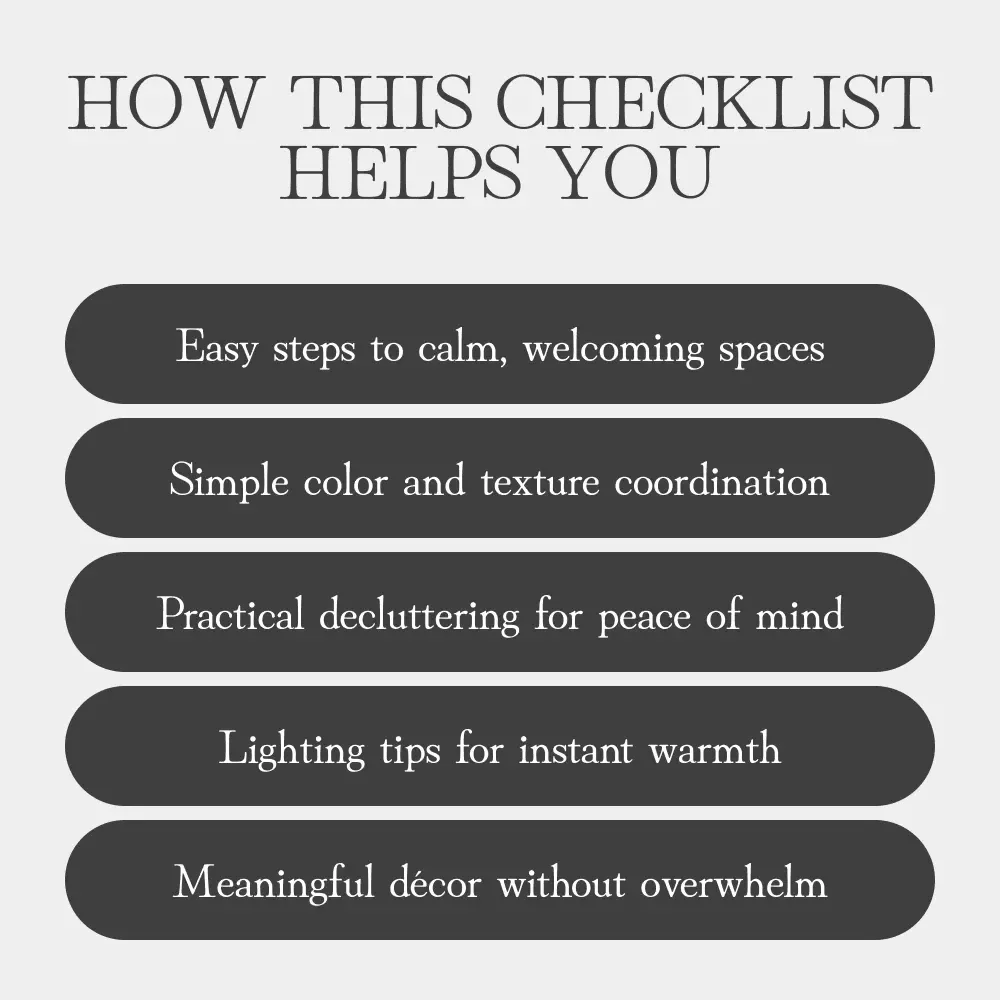 Balanced Warmth at Home – Printable Checklist for Tips for Balancing Minimal and Cozy Spaces | Digital Download Home Styling Guide