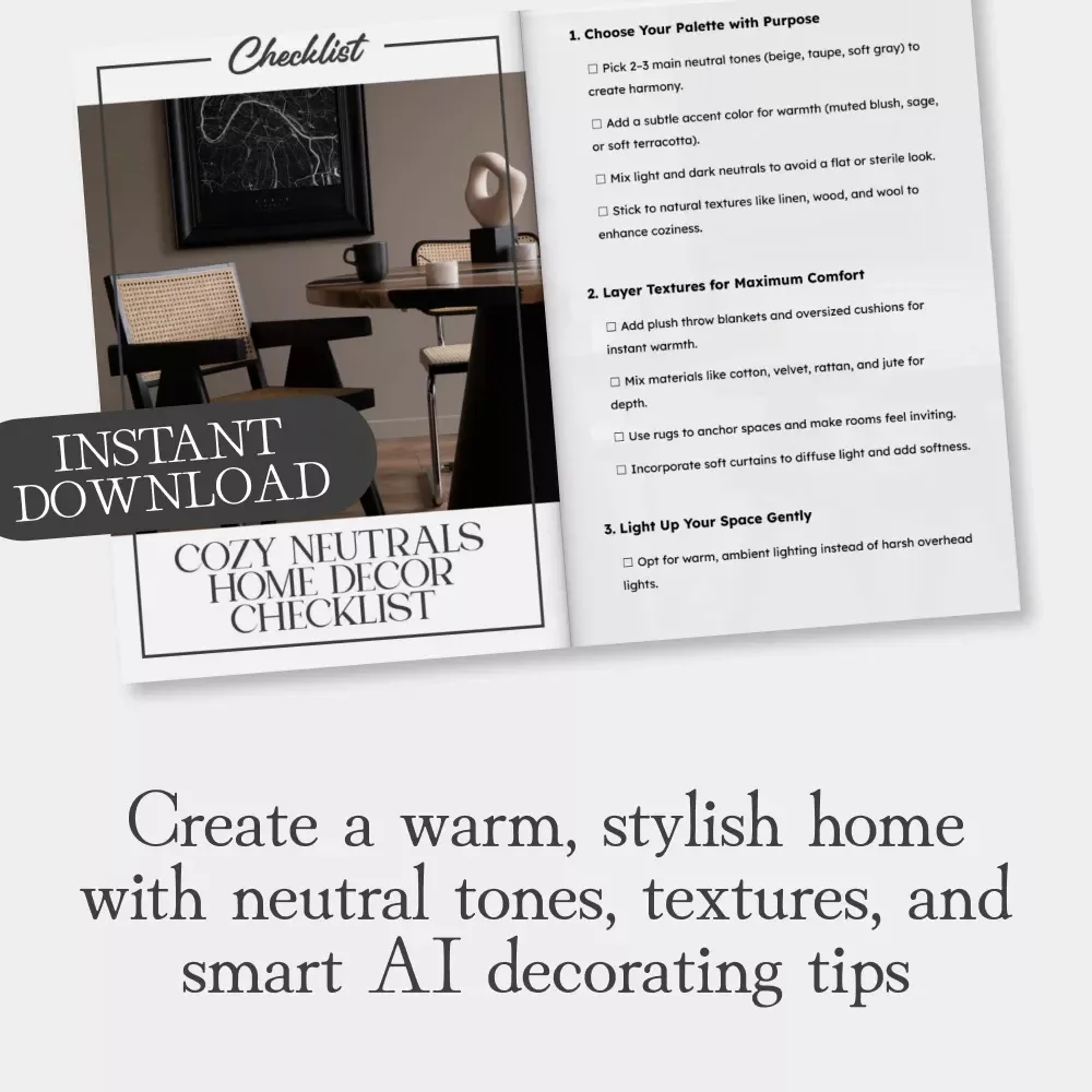 Cozy Neutrals Home Decor Checklist | Digital Download eBook, Guide, and Checklist for Neutral Interiors, Warm Accents, and AI-Powered Home Styling