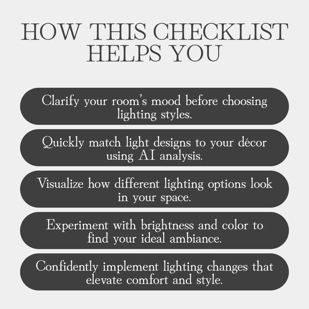 AI Lighting Style Checklist ✨ | Digital Home Decor Guide | Learn how to use AI to pick lighting styles for every room | Interior Design eBook for Modern, Cozy, or Elegant Spaces