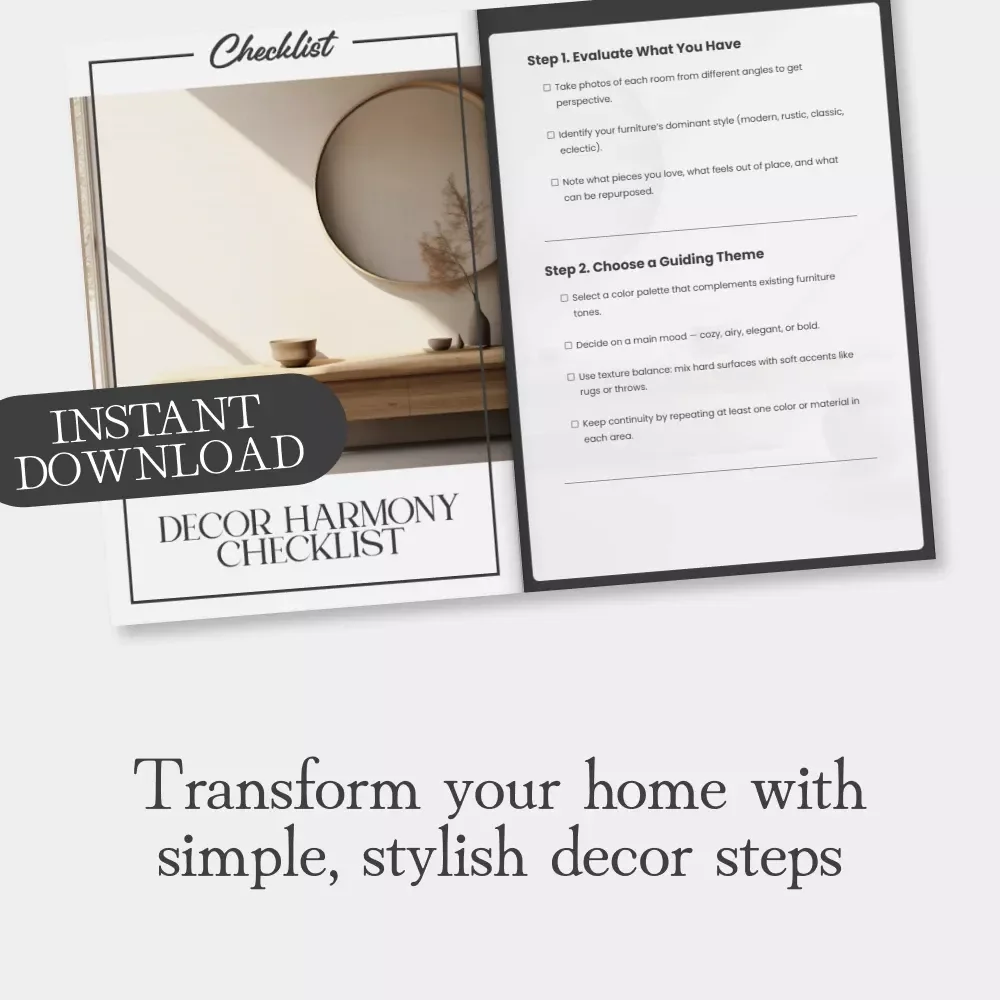 Decor Harmony Checklist – Step-by-Step Guide on How to Decorate Around Existing Furniture | Digital Download Checklist for Stylish, Cohesive Rooms