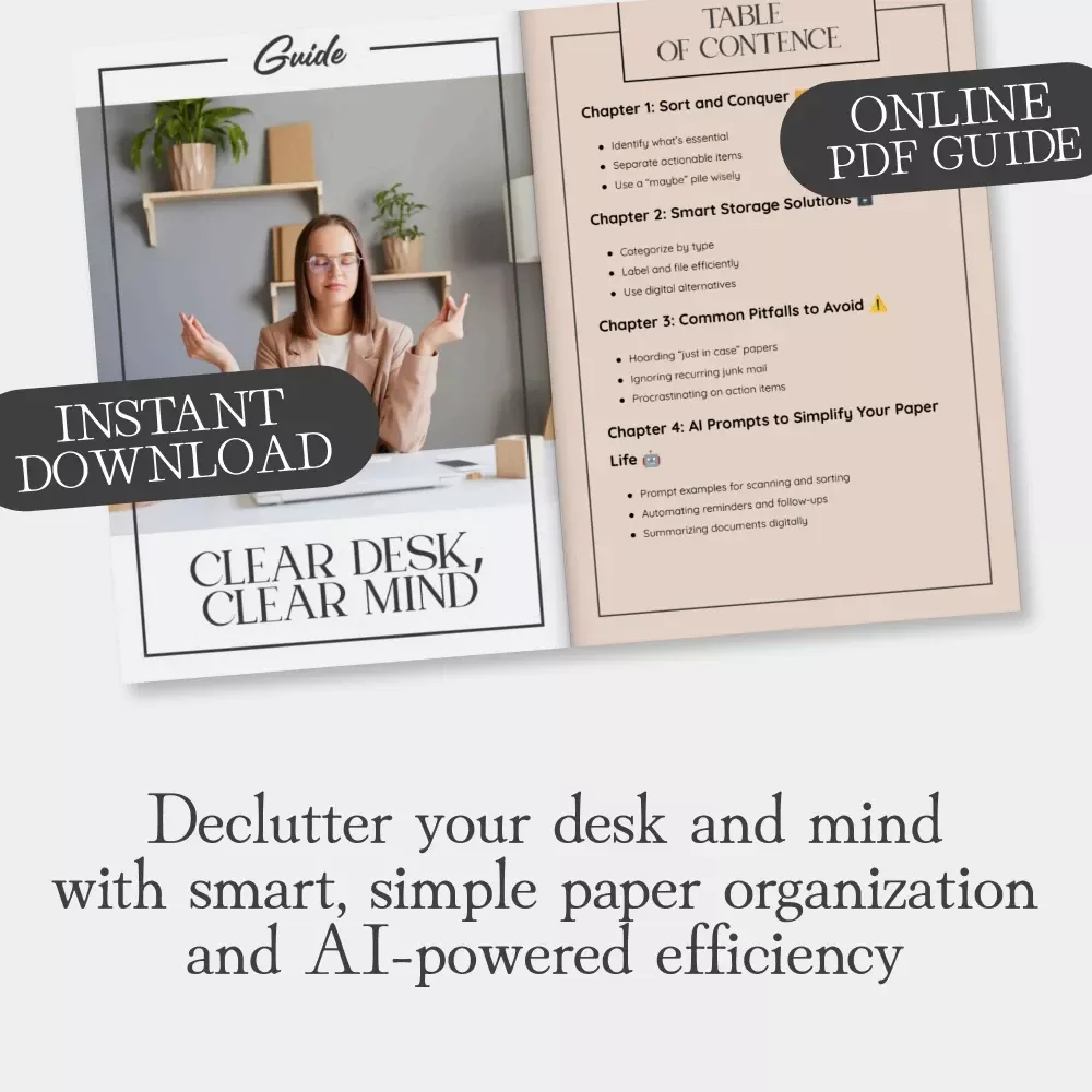 Clear Desk, Clear Mind | Printable & Digital Guide with Tips for Decluttering Paper and Mail | Home Office Organization eBook