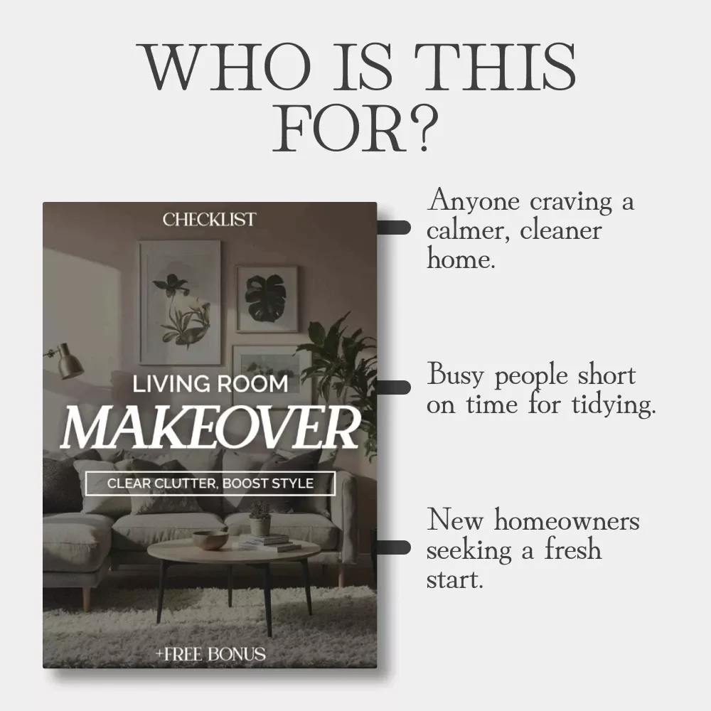 Living Room Makeover Checklist: Clear Clutter, Boost Style | Printable Home Organization Guide for How to Organize a Cluttered Living Room | Minimalist Decluttering Digital Download