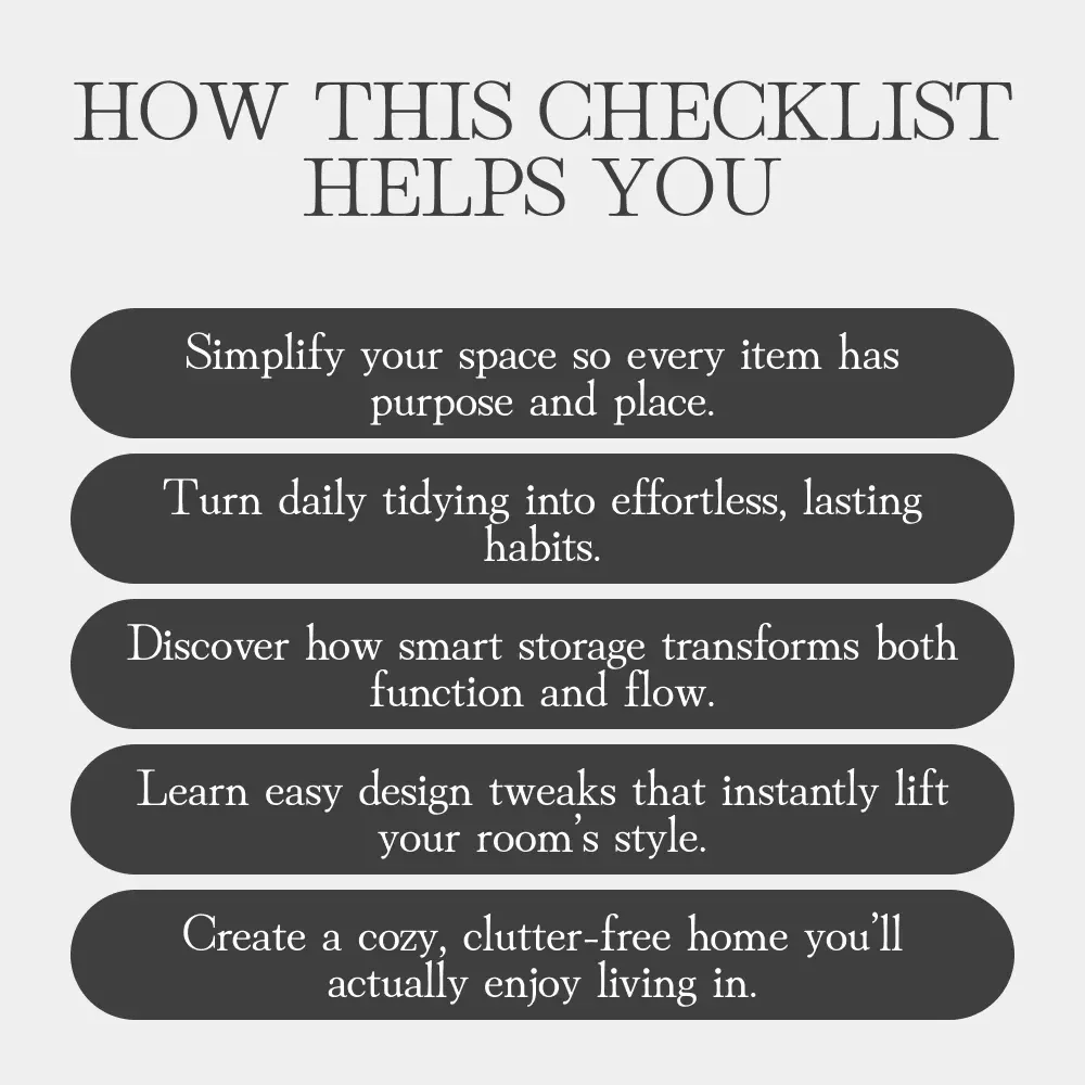 Living Room Makeover Checklist: Clear Clutter, Boost Style | Printable Home Organization Guide for How to Organize a Cluttered Living Room | Minimalist Decluttering Digital Download